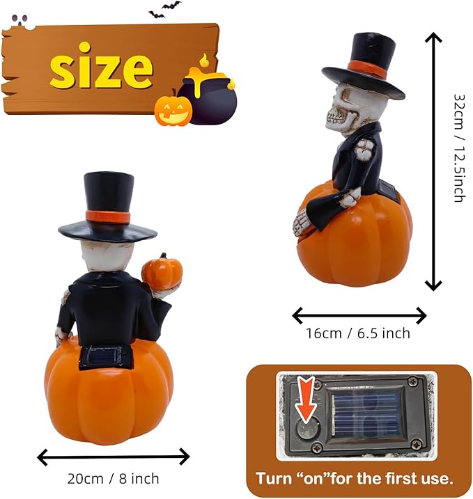 Solar Outdoor Decorations Wizard Skeleton with Pumpkin Figurine Lights, Fall Pumpkin Garden Decor for Yard Patio Porch, LED Skull Gothic Party Accessories, Home Gift for Mardi Gras Shrove Tuesday