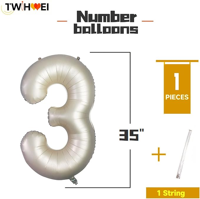 Number 3 Balloons White Sand Three Balloon for 3 Year Old Birthday Decorations 40 Inches Cream White Large Numbers 3rd Birthday Party Nude Ballons Beige 3 Digital Neutral Balloon Pearl White 3