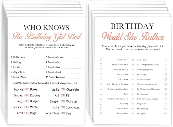 Birthday Party Decoration- Who Knows The Birthday Girl Best-Set of 2 Birthday supplies for 20 guests,Birthday Cards Set -20 Cards,Sweet Party Supplies