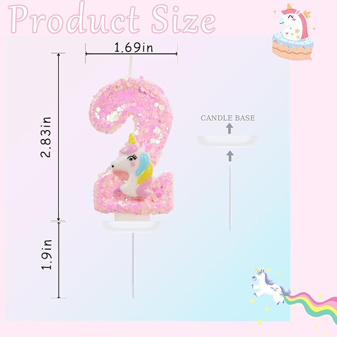 Birthday Candles - Number 2 Candle, 2nd Birthday Decorations for Girl, Pink Candles for Cake Topper, Cartoon Theme Party Supplies