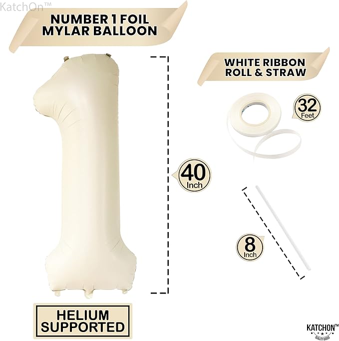 KatchOn, Cream Number 1 Balloons for 1st Birthday - Giant 40 Inch | One Balloon for First Decoration | 1 Balloon Number For The Big One Birthday Decorations | 1st Happy Anniversary Decorations