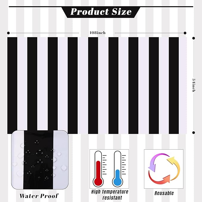 Kesfey 5 Packs Black and White Horizontal Striped Table Cloth 54 x 108 Inch Classic Black Stripe Tablecloths Disposable Plastic Stripe Table Covers Waterproof Picnic Tablecover for Camping Party