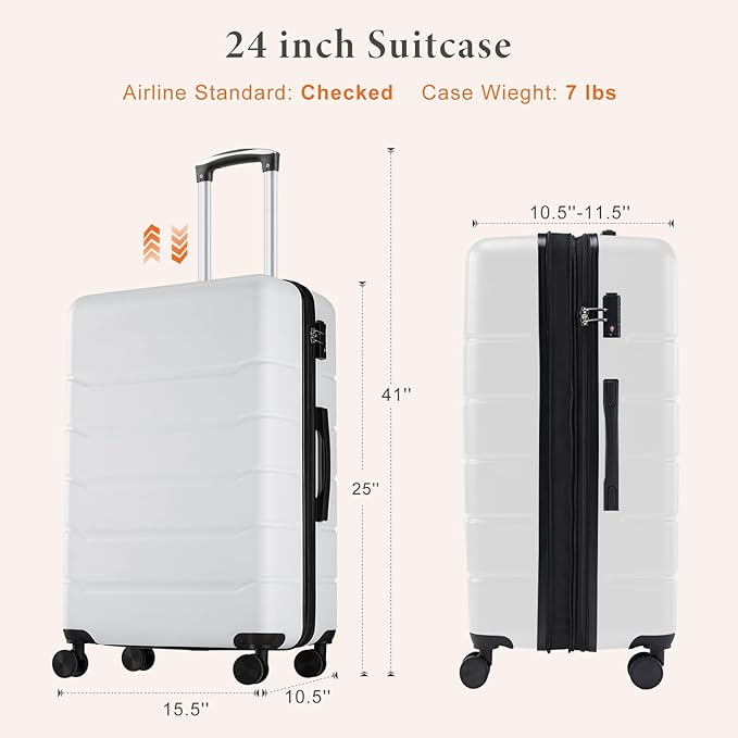 Sweetcrispy Carry on Suitcase, Luggage with Spinner Wheels, Hard Shell ABS, TSA Lock, 24 Inch White
