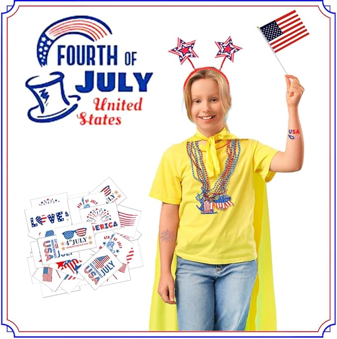 UMEELR 104 Pcs Patriotic Party Supplies, 4th of July Accessories with Necklaces Headbands Flags Tattoo Stickers for Independence Day Celebration Decorations