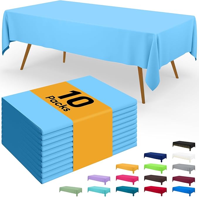 Smiry Disposable Table Cloth - 10 Pack, 54 x 108 Inch Waterproof Rectangle Tablecloths for Parties, Decorative Plastic Table Cover, Leakproof & Sturdy, Light Blue
