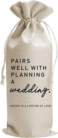 Pairs Well With Planning a Wedding Wine Bag, Engagement, Funny Personalized Burlap Drawstring Wine Bag for Friend Newlyweds, Wedding Party Decorations (J353)