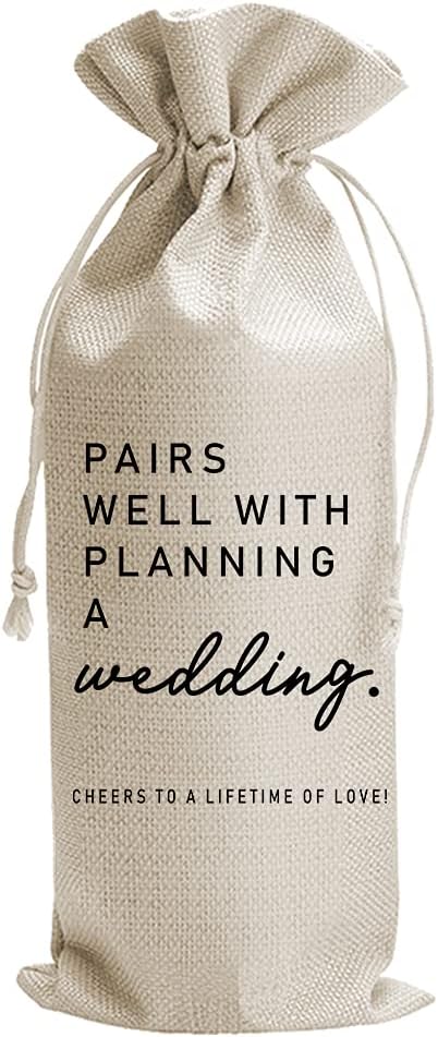 Pairs Well With Planning a Wedding Wine Bag, Engagement, Funny Personalized Burlap Drawstring Wine Bag for Friend Newlyweds, Wedding Party Decorations (J353)