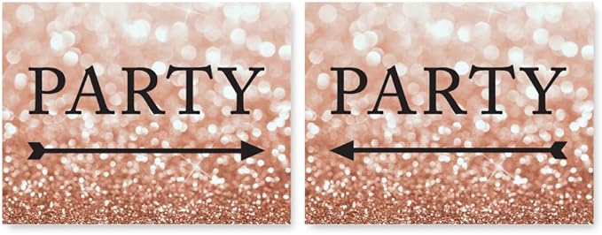 Andaz Press Wedding Party Directional Signs, Glitzy Rose Gold Glitter, 8.5x11-inch, Double-Sided, Party with Big Arrow, 1-Pack, Bokeh Colored Party Supplies