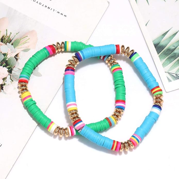 Surfer Heishi Bracelets for Women Stackable Rainbow Vinyl Disc Clay Beaded Stretch Bracelets Elastic Layering Friendship Bracelets Boho Summer Beach Jewelry