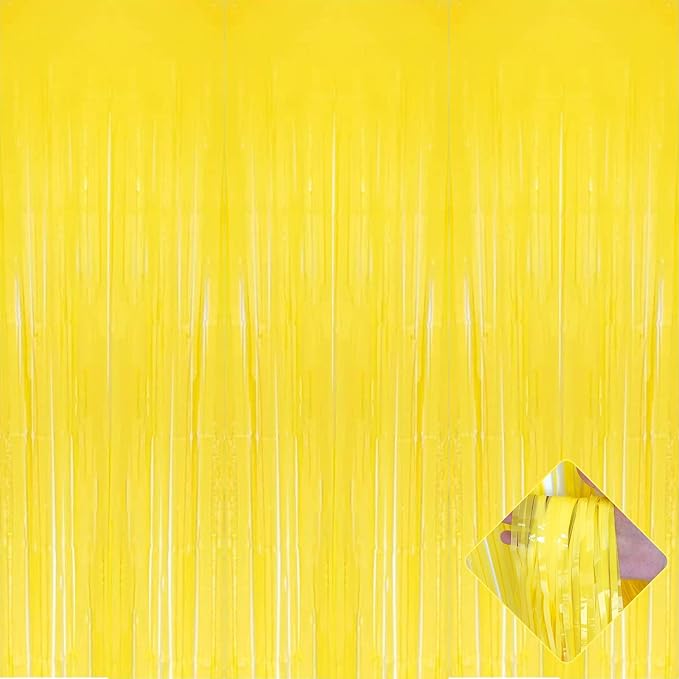 4 Pack 3.2Ft x 8.2Ft Yellow Foil Fringe Curtain Backdrop, Metallic Tinsel Foil Fringe Streamers Curtains Background for Photo Booth, Birthday, Wedding, Disco, Bachelorette, Christmas Party Decoration