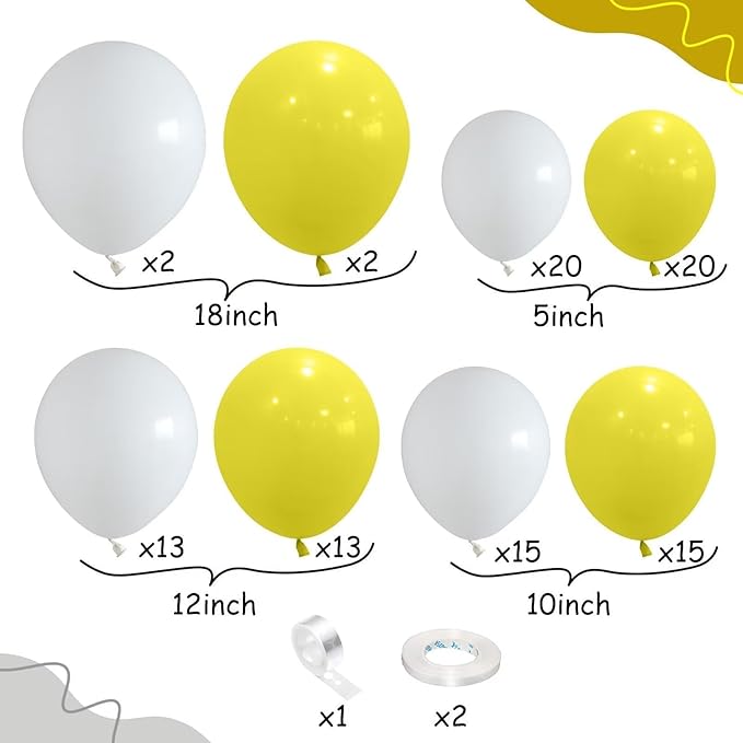 Yellow and White Balloon Arch Kit, 100pcs Matte Yellow White Balloon Garland Kit with Different Sizes Balloons for Sunshine Lemon Honeybee Popcorn Baby Shower Bridal Shower Birthday Party Decorations