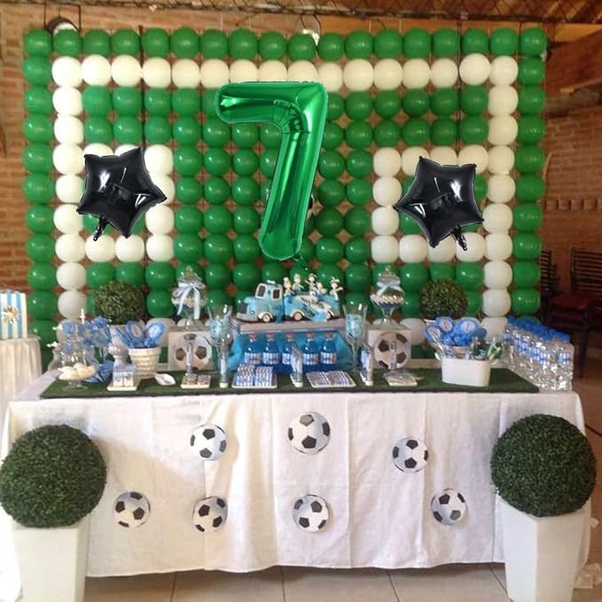 TONIFUL 32 Inch Soccer Balloons Set 7th Birthday Decoration Green Number 7 Foil Soccer Balloon Black Star Balloons for Children's Boys Birthday Party Football Themed Party Supplies