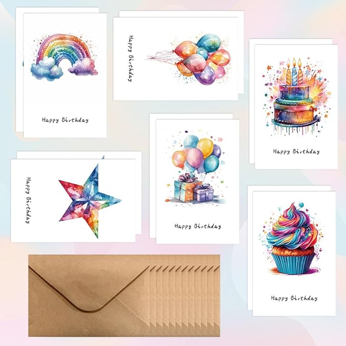 Birthday Cards Pack of 12,Bulk for Women Men Kids Assorted Birthday Greeting Cards for Kids Assortment, 12 Card with Envelopes (Cartoon balloon)