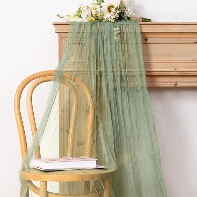 Socomi Sage Green Cheesecloth Table Runner Tulle Gauze Cheese clothBoho Rustic 120 inch 10FT Runner for Wedding Party Baby Shower Birthday Holiday Decorations 1pc