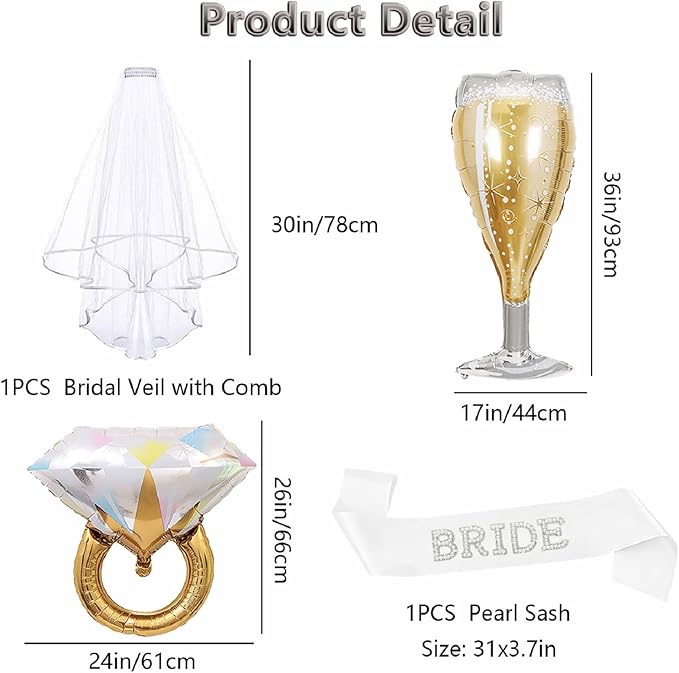 4PCS Pearl Bride to Be Sash and Veil Bride Ring Champagne Balloons Bridal Shower Sashes and Veils Accessories for Bachelorette Engagement Wedding Party Decorations