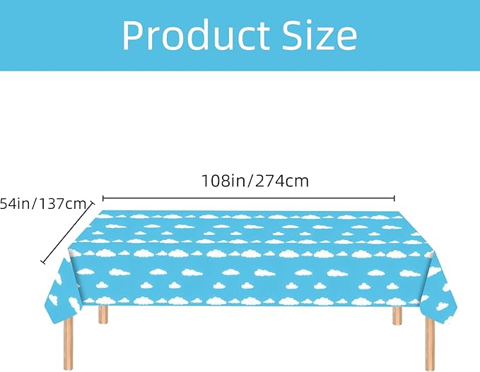 Blue Sky White Clouds Birthday Party Supplies Cartoon Story Tablecloth Party Table Cover Cartoon Table Banner for Baby Kids Shower Birthday Decorations, 54 x 108 Inch(3 Pieces)