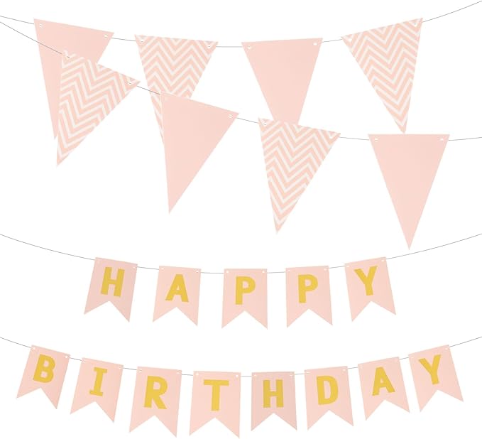 MECCANIXITY Birthday Banner 16 Feet Pink Birthday Decorations CardStock Birthday Sign with Pennant Banner Flags for Birthday Decor Backdrop Festival Party Supplies