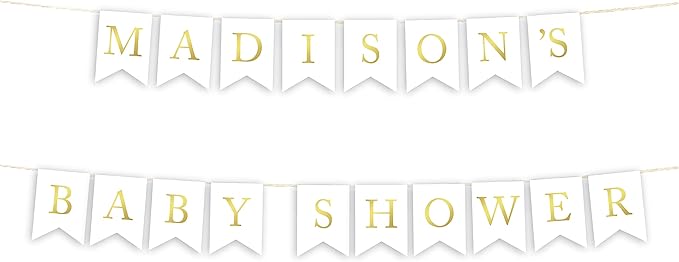 Andaz Press Personalized Baby Shower Hanging Bunting Pennant Party Banner with String, Metallic Gold Ink, Madison's Baby Shower, 8-Feet, 1-Set, Includes String, Custom Name