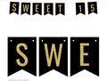 Andaz Press Faux Gold Glitter on Black Birthday Party Banner Decorations, Sweet 15, Approx 5-Feet, 1-Set, Quinceañera 15th Birthday Colored Hanging Pennant Decor