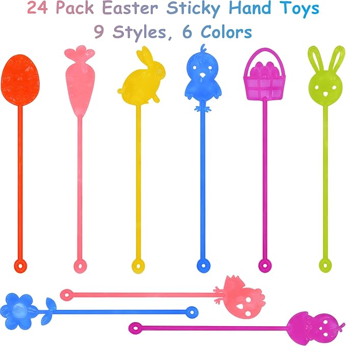 24 Pack Easter Sticky Hands Toys with 24 Pcs Plastic Easter Eggs, Easter Bunny Egg Chick Carrot Flower Basket Sticky Stretchy Toys for Kids Girls Boys Easter Basket Stuffers Party Favors Gifts