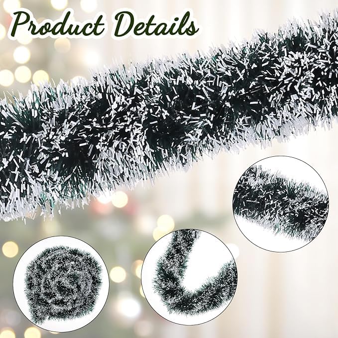33FT Christmas Tinsel Garland Green Metallic Hanging Twisted Garland Greenery Garlands for Christmas Tree Fireplace Mantle Xmas Party Home Decoration