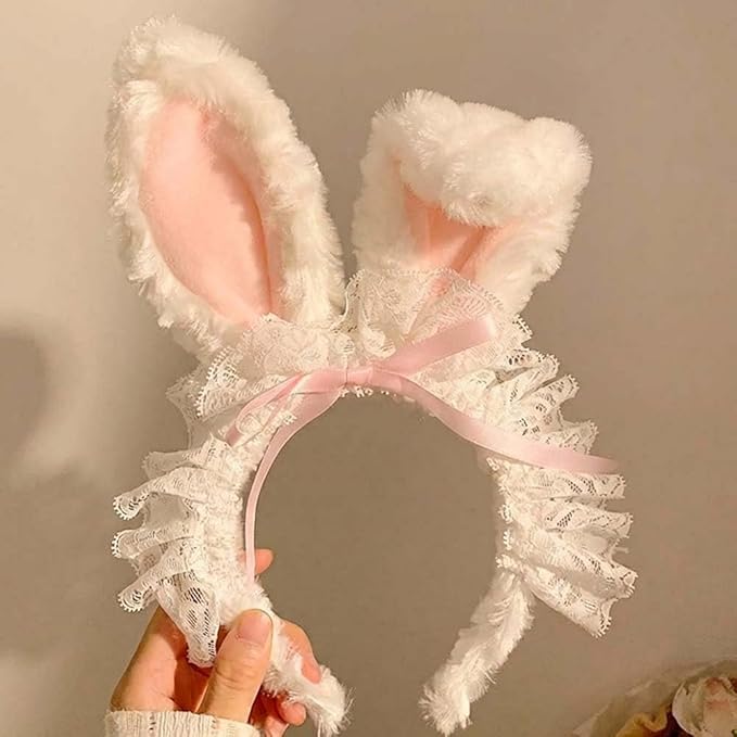 Blync Easter Bunny Ears Headband, Lace Curly Rabbit Hair Accessories, Pink Bow Hairband for Party, Photos, Cosplay