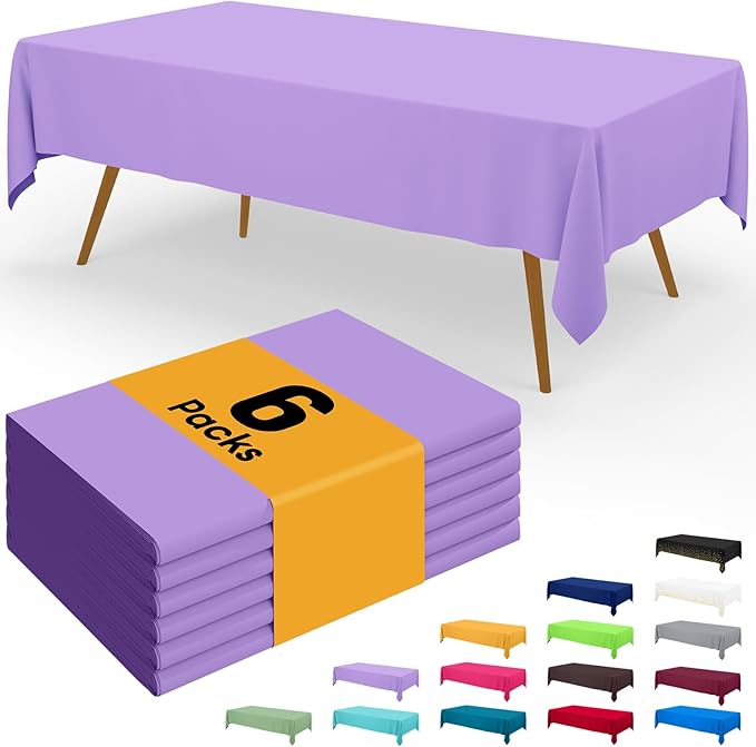 Smiry Disposable Table Cloth - 6 Pack, 54 x 108 Inch Waterproof Rectangle Tablecloths for Parties, Decorative Plastic Table Cover, Leakproof & Sturdy, Lavender