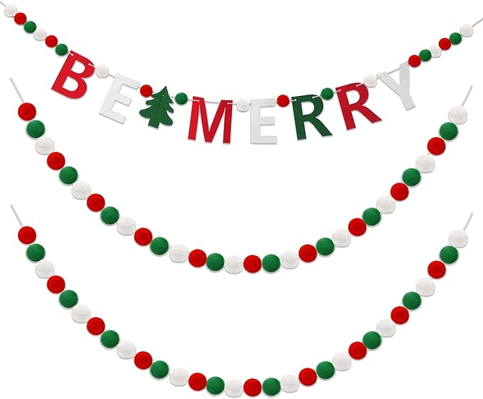 Breling 3 Pieces Christmas Felt Ball Garland 10ft Christmas Pompom Decorations Happy Holidays Banner Mantle Fireplace Room Xmas Party Hanging Decor (Red, Green, White)