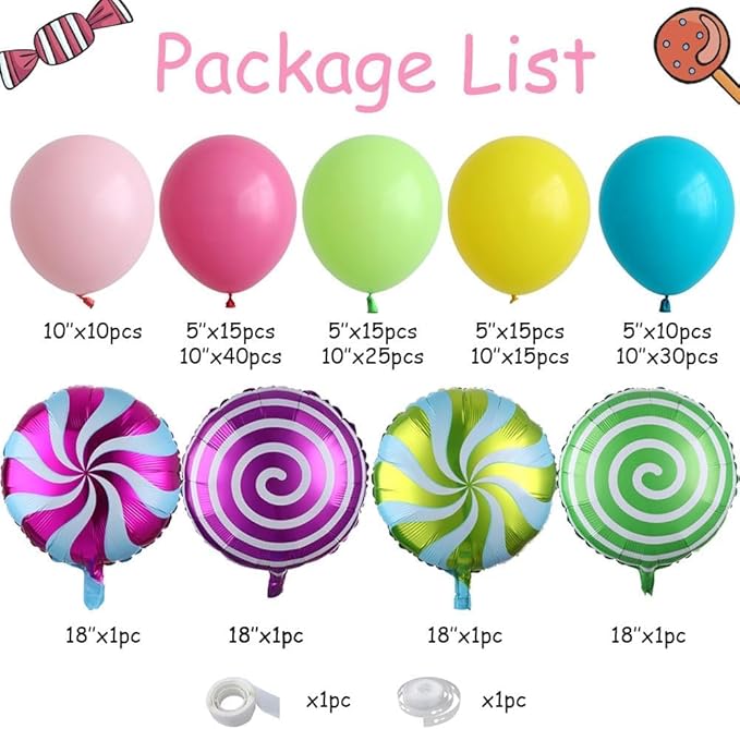 Candyland Party Decoration 184PCS Candy Balloon Garland Kit Pastel Pink Purple Blue Latex Balloons with Lollipop Candy Foil Balloon for Rainbow Sweet One Birthday Candy Land Party Decorations