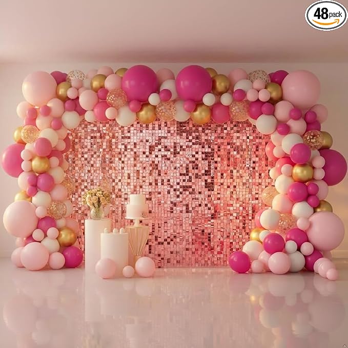 Pink Shimmer Wall Backdrop 48 Panels Cover 6 x 8 Ft, Photo Backdrops for Wedding,Anniversary,Birthday,Party Decoration
