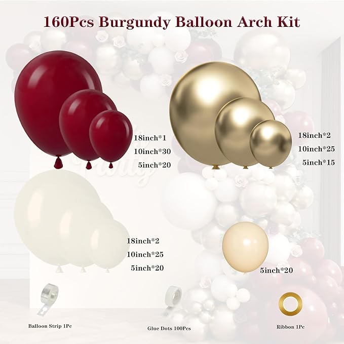 160Pcs Burgundy Balloon Garland Arch Kit with Burgundy Maroon Sand White Metallic Gold Nude Balloons for Bridal Shower Wedding Graduation Birthday Party Decorations