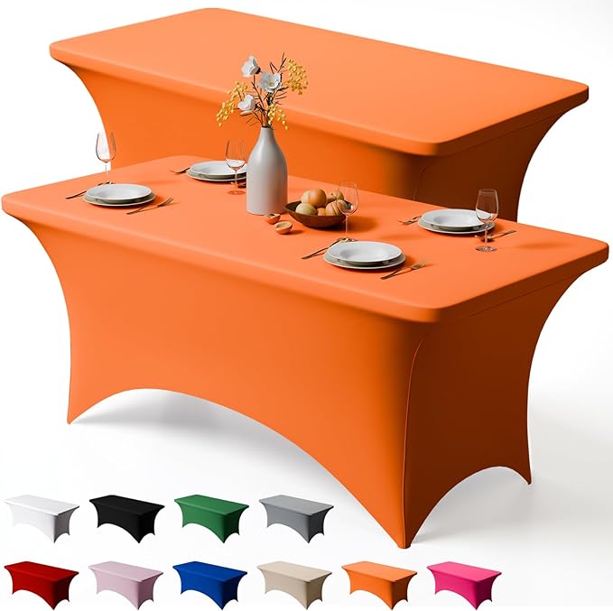 Trlyc 2 Pack 8FT Spandex Table Cloth - 96 x 30 Inch Rectangular Stretch Tablecloth, Wrinkle Resistant Scretch Table Cover for Wedding, Party, Banquet, Picnic, Outdoor Decoration (2Pcs,Orange)
