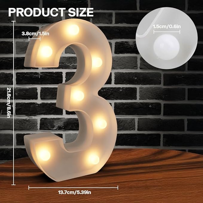 Marquee Light up Numbers 0-9, Battery Powered LED Light, White Plastic Sign for 3rd Birthday Decorations, Graduation Engagement Wedding Decor (Number 3)