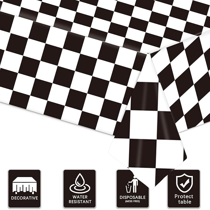 3 Pack Black and White Checkered Tablecloths Race Car Theme Tablecloths for Motor Racing Birthday Party Decorations, 54" x 108