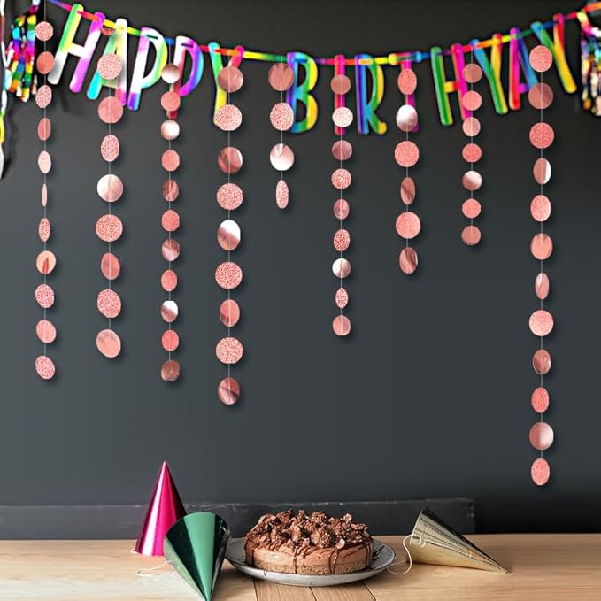 Shining Rose Gold Circle Dots Hanging Garland Sparkling Streamer Glitter Bunting Banner Backdrop for Wedding Baby Shower Birthday Xmas Decor 40 Feet