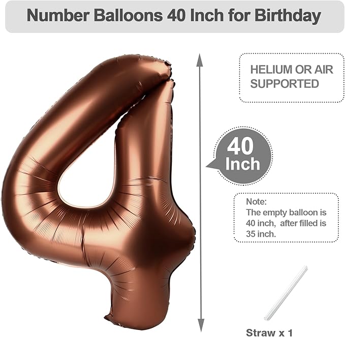 Coffee Brown 4 Balloon, 40 Inch Large 4 Balloons for Birthday Party Decoration, Number 4 Ballon for 4, 14, 24, 40 Celebration, Birthday, Christmas, Anniversary Decor
