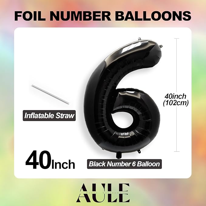 AULE 40 Inch Big Black 6 Balloon Number Large Foil Helium Number Balloons 0-9 Jumbo Giant Happy 6th Birthday Party Decorations for Boy or Girl Huge Mylar Anniversary Party Supplies