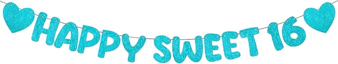 Fulmoon Pre Strung Happy Sweet 16 Banner Glitter Sixteenth Birthday Party Decorations 16th Party Sign Sweet 16 Party Decorations for Birthday Party Bachelorette Party(Sky Blue)
