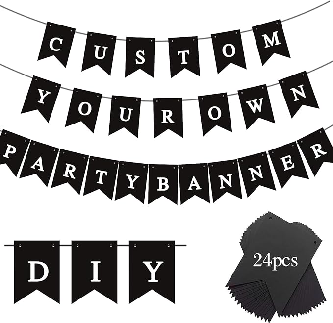 24pcs Blank DIY Black Banner Set, Personalized Banner Party Decorations Supplies Custom Signs, Customize Handwriting Banners for Birthday, Wedding, Baby Shower and Graduation Party Decorations
