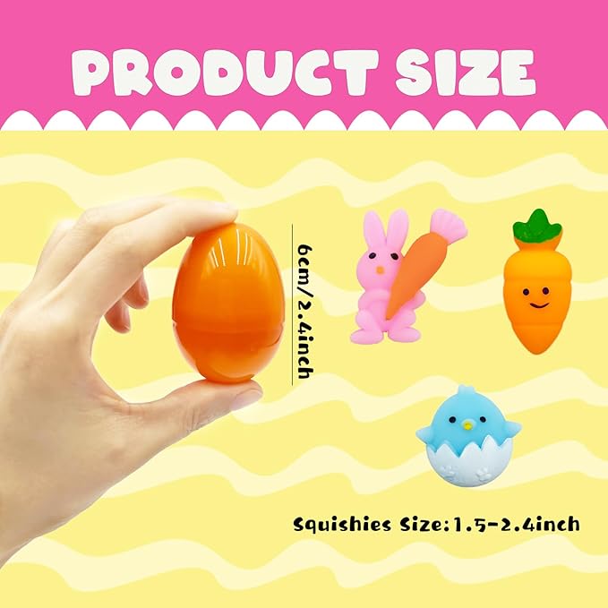 24 Pack Easter Mochi Squishy Toys Filled Easter Eggs, Plastic Easter Eggs Filled with Easter Squishy Toys for Eggs Hunt, Gifts for Kids Boys Girls Party Favors, Easter Basket Stuffers