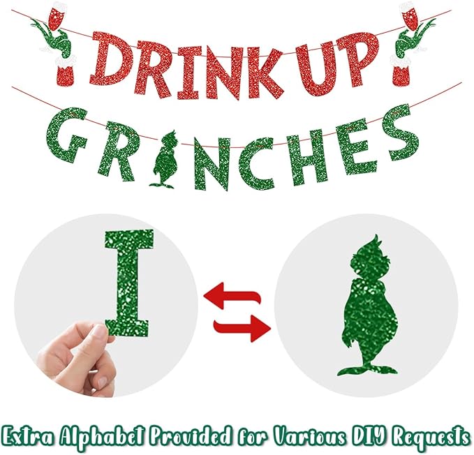 Christmas Banner Grinches Party Decorations Drink Up Banners Indoor, Glittery Christmas Decor Banner, Red Green Banner for Home Fireplace Decor