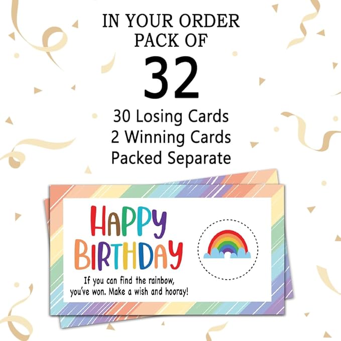 REWIDPARTY Happy Birthday Party Scratch Off Game Cards（32 PCS） Colorful Rainbow Birthday Scratch Off Tickets Christmas Birthday Holiday Special Event Raffle Tickets Supplies for Kids Teens Adults