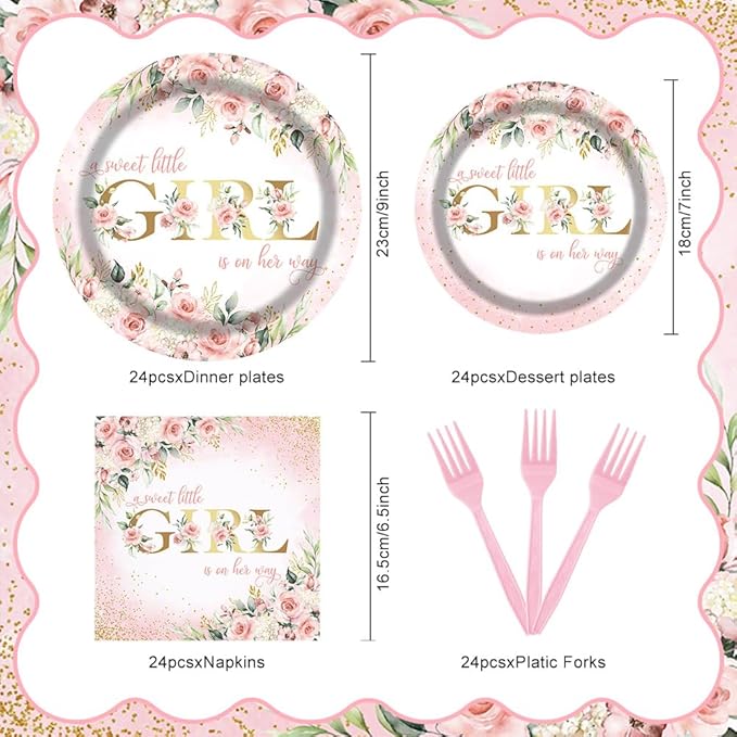 Girl Baby Shower Party Tableware Set 96 Pcs Pink Floral Sweet Baby Disposable Plates Napkins Forks A Sweet Little Girl is on Her Way Party Supplies for Girls Serve 24 Guests