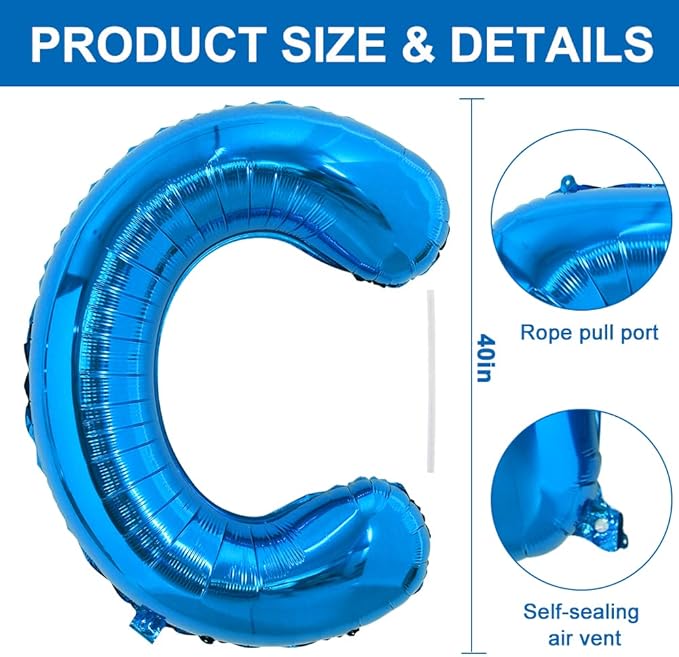 TONIFUL 40 Inch Giant Blue Letter C Balloons - Foil Mylar Big Alphabet Balloons for 2026 Graduation Birthday Party, Anniversary & New Year