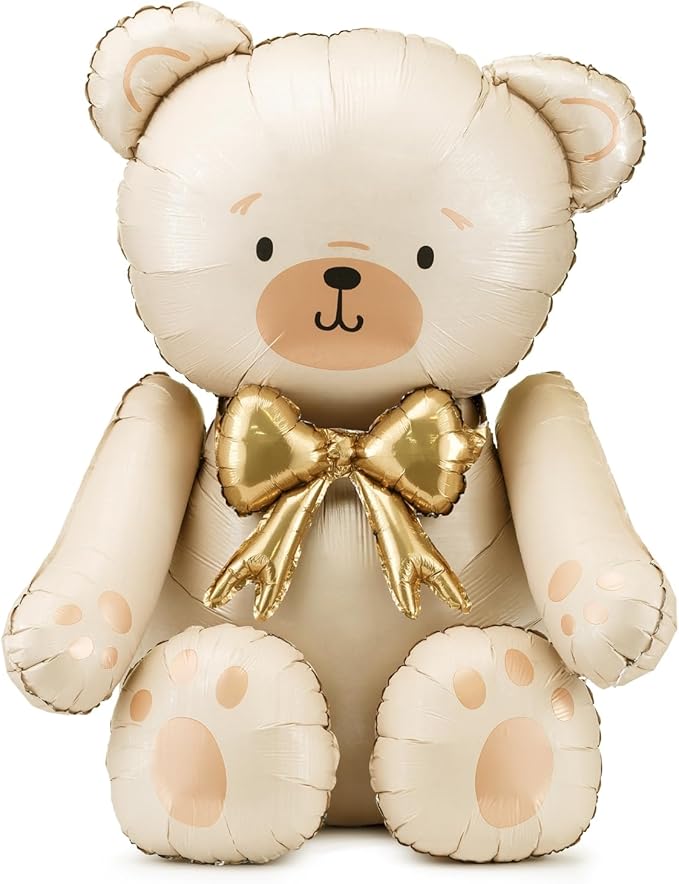 Giant Teddy Bear Foil Balloon PartyDeco 29.5x33 Inch – Cute Cream Bear Balloons with Gold Bow for Baby Shower, Birthday Kids, Gender Reveal Neutral Party Decor