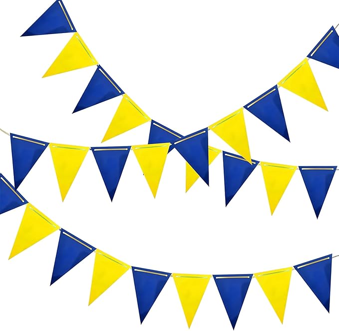 Blue and Yellow Pennant Banner 3 Pack Paper Triangle Flag Hanging for Wedding Birthday Gender Reveal Baby Shower Halloween Family Party Decoration（36pcs Triangle Flag）
