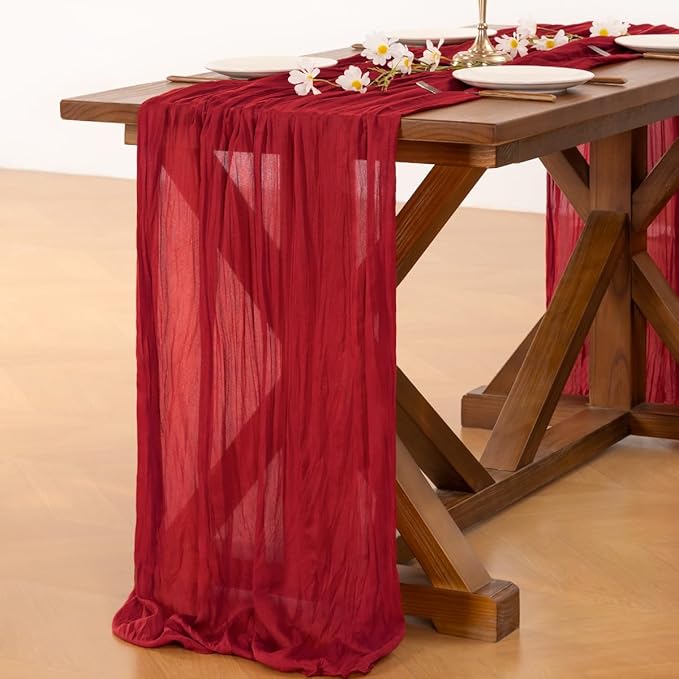 Socomi Red Cheesecloth Table Runner Easter Spring Boho Rustic Gauze 120 inch 10FT Cheese Cloth Runner for Wedding Party Baby Shower Birthday Home Decor Holiday Decorations