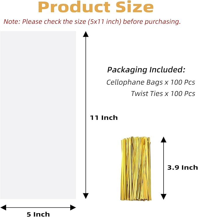Yotelab Cellophane Treat Bags, 5x11 Inches Clear Cellophane Bags With Twist Ties 100 Pcs