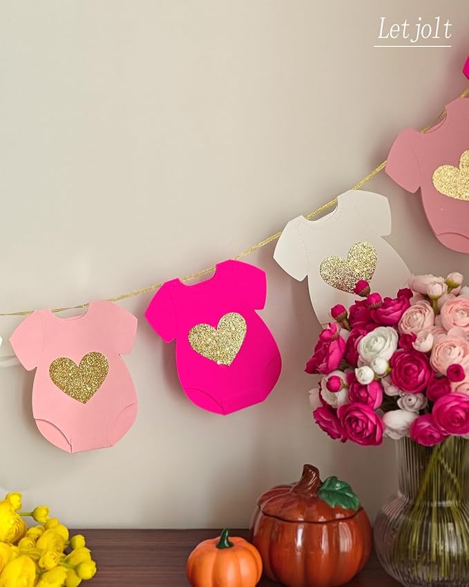 Pink Baby Shower Paper Garland Short-Sleeve Bodysuits Clothesline Garland Gender Reveal Birthday Banner Baby Outfit Pre - Strung Paper Decorations 9 pcs