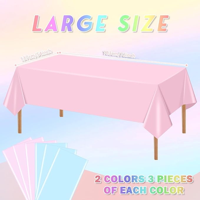 mwellewm 6 Packs Gender Reveal Table Cloths, Disposable Plastic Pink and Blue Tablecloth Rectangle Pastel Table Covers Decoration for Boy or Girl Baby Shower Birthday Party Unicorn Princess Ice Cream